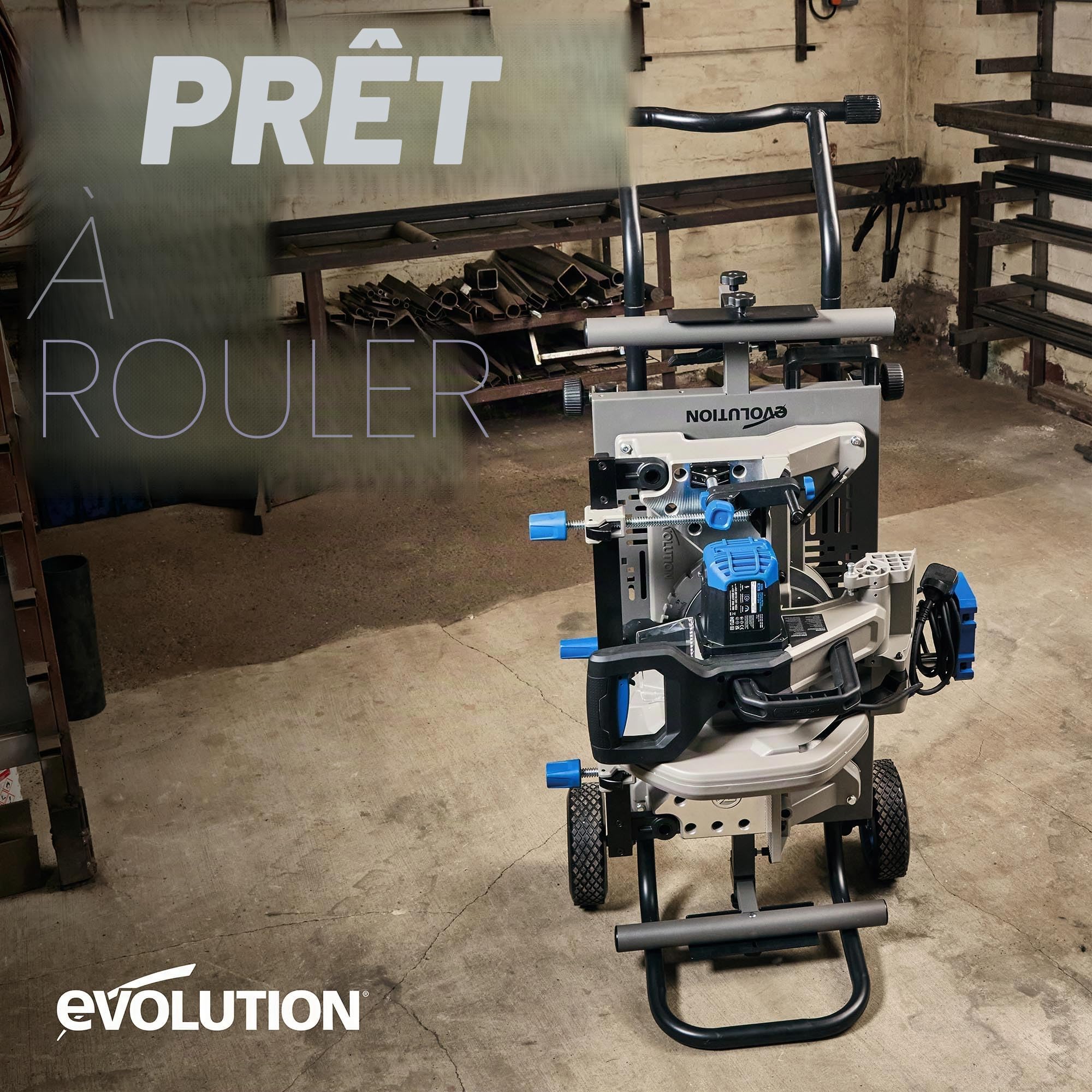 Evolution Power Tools, Support MCS, Support pour scie à onglet avec assistance Powerlift | Châssis en acier robuste, roues tout-terrain, compatible avec Evolution S355CPS, R355CPS