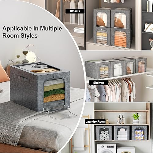 Miniatura 9 de GoMaihe Contenedor de almacenamiento de ropa con marco de metal paquete de 6 contenedores de almacenamiento apilables con tapa y ventana