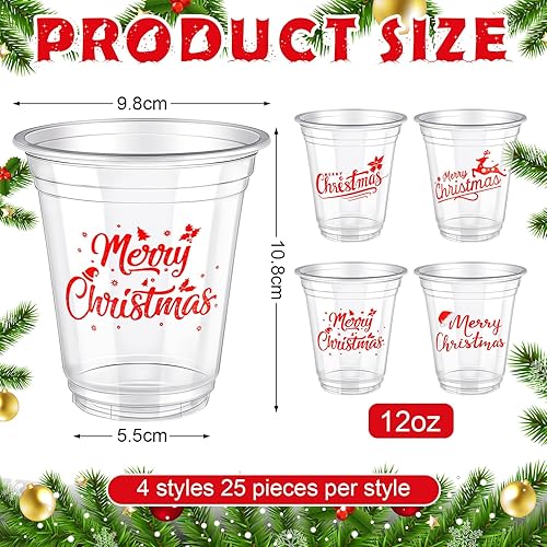 Miniatura 3 de Dandat 100 vasos de Navidad de 12 onzas, vasos de plástico de Navidad, vasos desechables de Navidad, vasos desechables de Navidad, vasos de