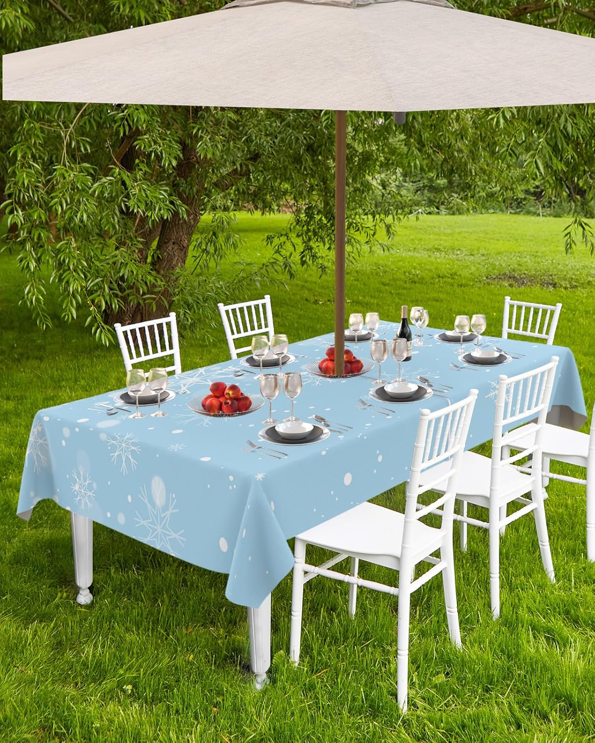 Christmas Tablecloth with Umbrella Hole and Zipper White Snowflake Rectangle Outdoor Tablecloths 60x102 Inch Outside Table Cloths Blue Patio Table Cloth Cover for Xmas Outdoor Picnic Garden Decor