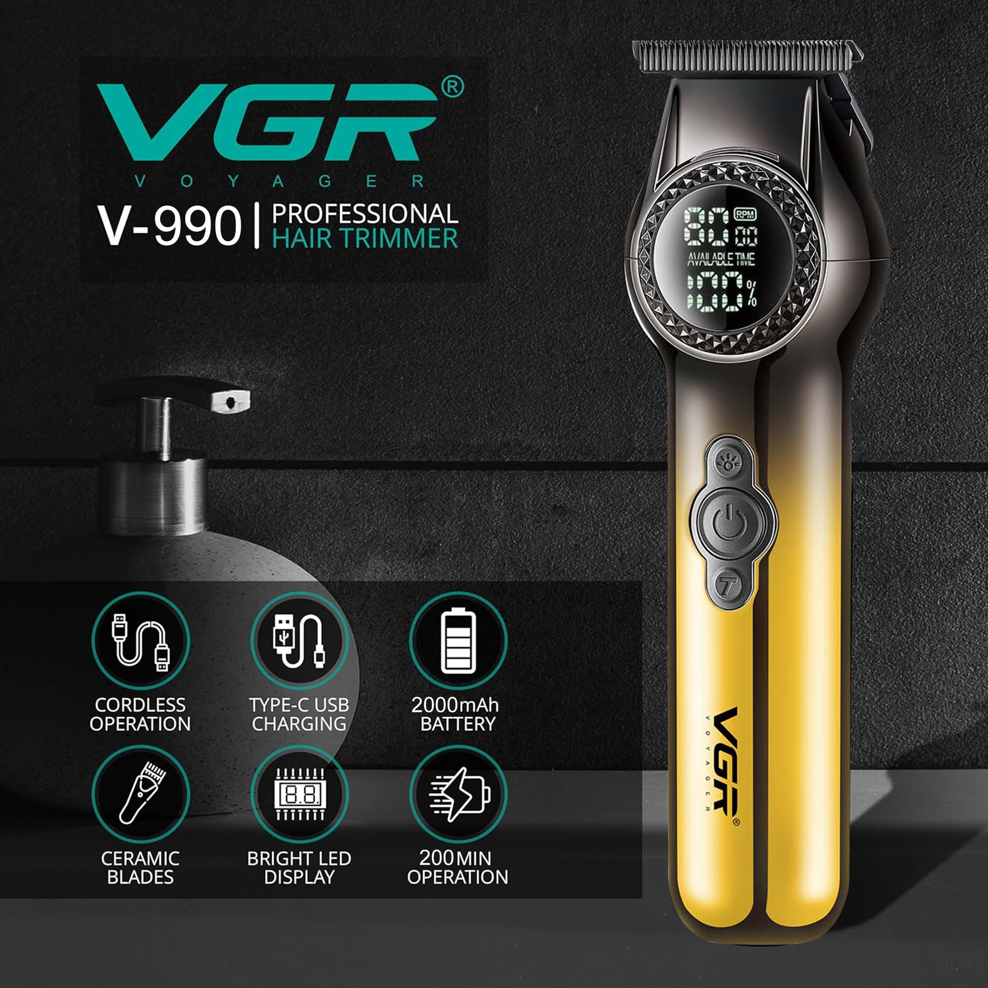 VGR Regolabarba da uomo ricaricabile USB-C, elettrico, professionale, 8000 giri/min, luce LED, 2 velocità, lame in ceramica, batteria da 200 minuti, tagliacapelli senza fili, kit per la cura del viso