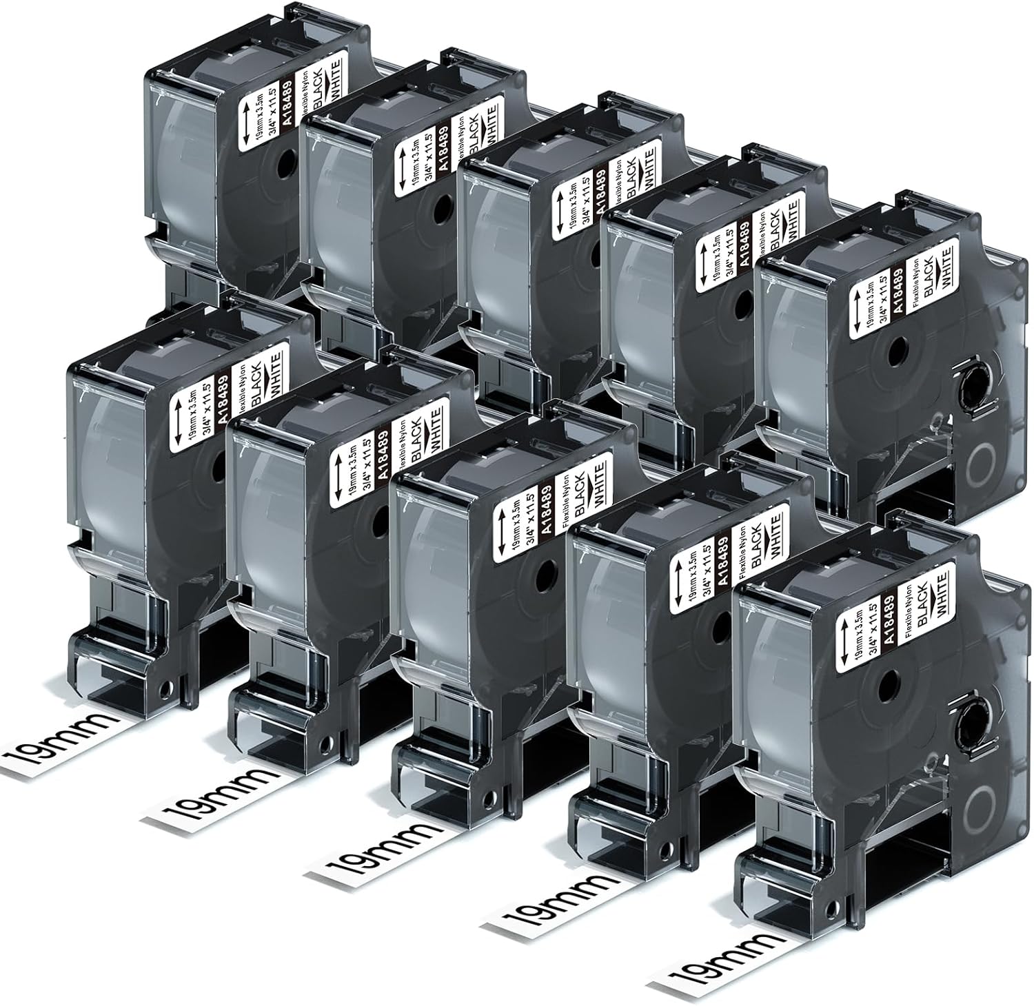 Replace for DYMO Rhino 18489 Label Tape 3/4'' Industrial Flexible Nylon 19mm A18489 for DYMO Rhino 4200, 5200, 5000, 6000 Label Makers, 3/4'' x 11.5', 10-Pack, Black on White