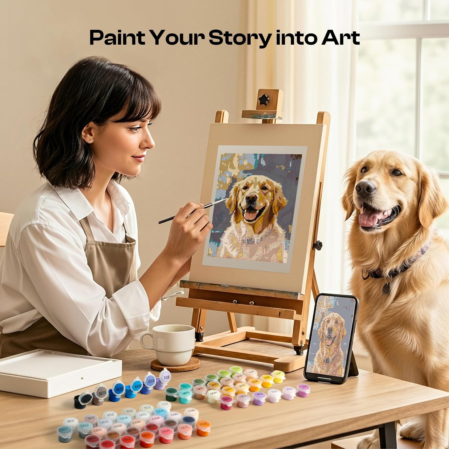 Caydo Custom Paint by Numbers Kit for Adults, Turn Your Photo into A4 Paint Templates via Included Customization Feature with 60-Color Acrylic Set and 3 Blank Canvases for Gift & Home Activity