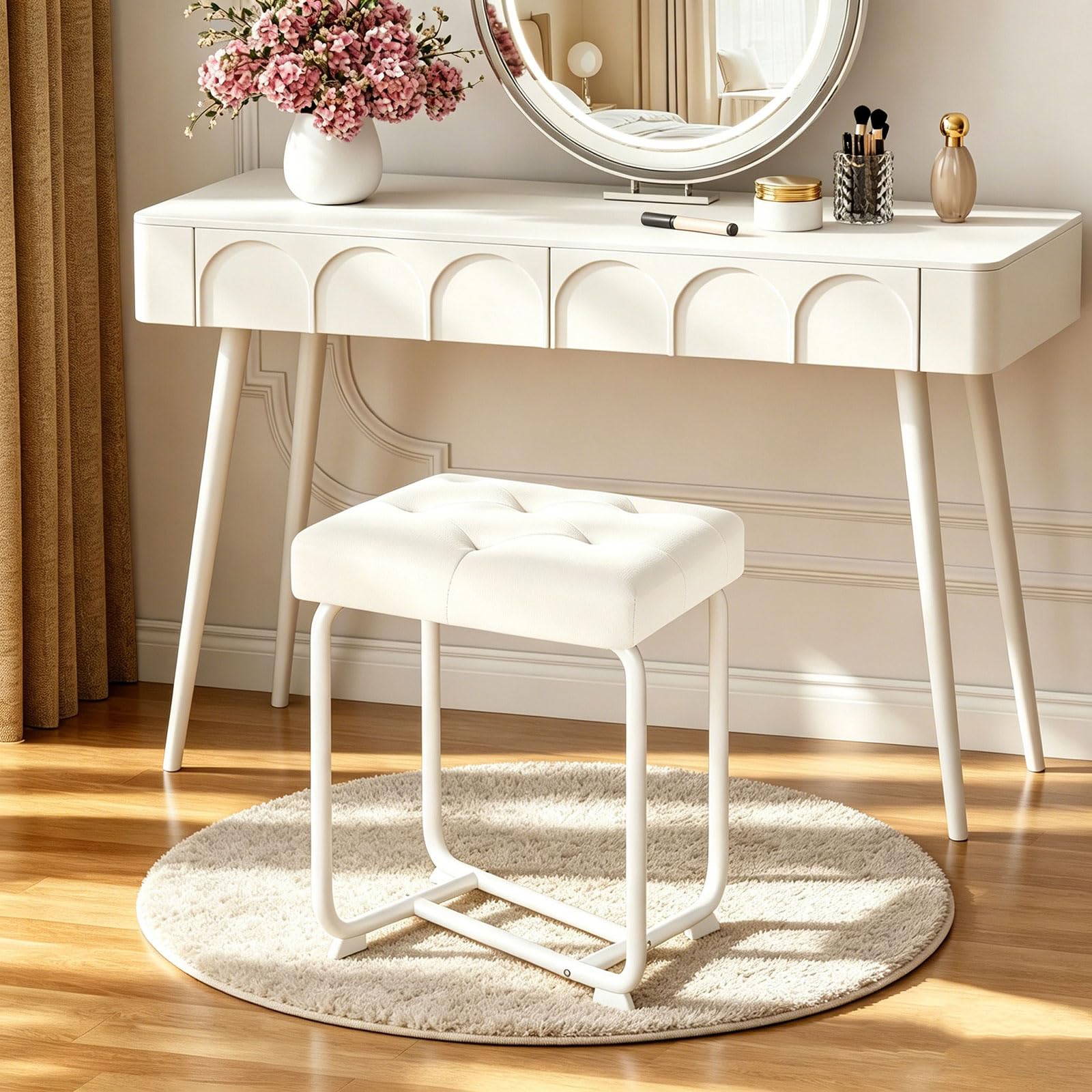white leather dressing table stool Amazon.com: BEWISHOME White Vanity Chair, Leather Vanity Stool, Small Stool  Chair for Vanity, Square Ottoman Foot Stool, Makeup Vanity Chairs with  Thick Padded Seat for Bathroom, Bedroom, Entryway, KFD01W : Home &