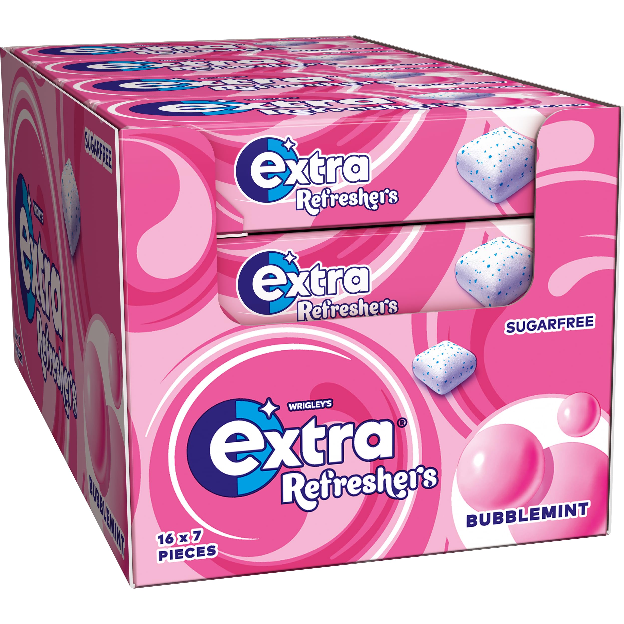 Wrigley's Extra Refreshers Chewing Gum, Bubblemint Flavour, 16 Packs of 7 Pieces, Sugar Free Bulk Pack with Xylitol (112 pieces)