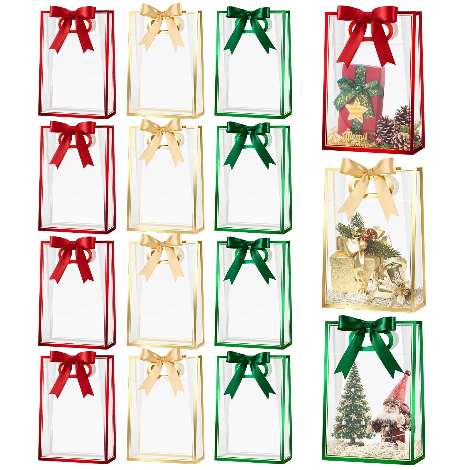 Meolvic 12 PCS Clear Plastic Gift Bags with Handles, Christmas Gift Bags