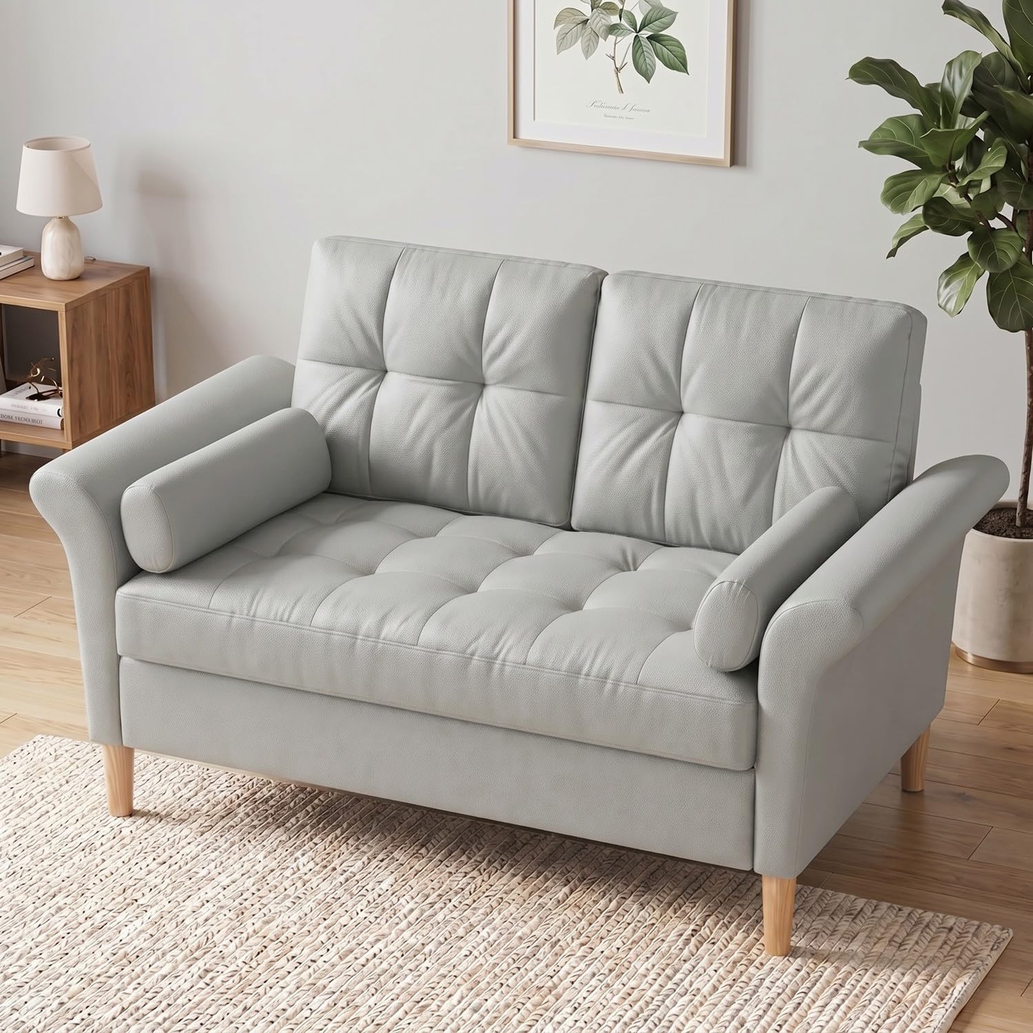 Hroth Compact 2 Seater Faux Leather Sofa with Tufted Back, Light Grey — image 1