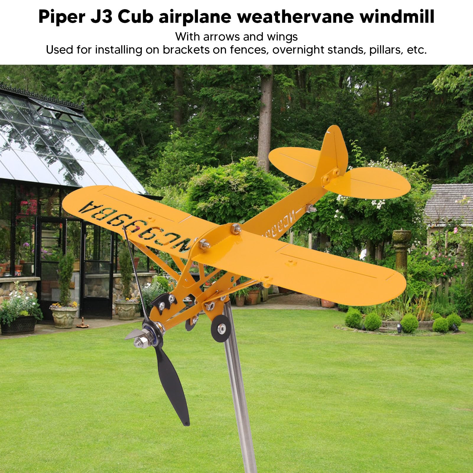 Piper J3 Cub Airplane Weathervane, 3D Metal Airplane Wind Vane for Yard Plane Model Airplane Wind Spinner Metal Windmill Outdoor Roof Wind Direction Indicator Garden Decor (L)