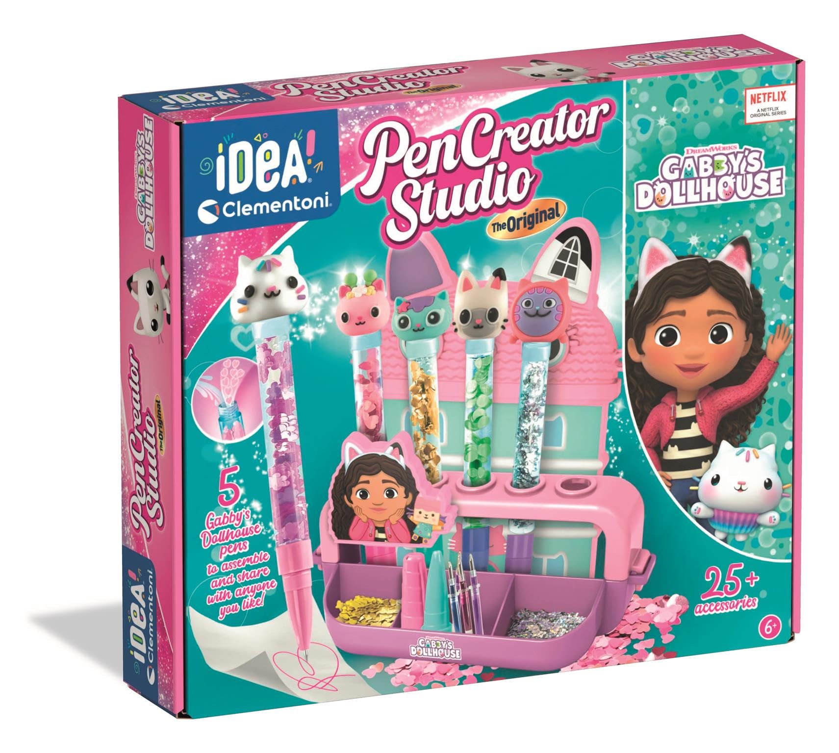 Clementoni Idea - Laboratorio delle Penne Gabby's Dollhouse, Kit Creativo per Bambini 6+ Anni, con 25+ Accessori e 5 Penne Personalizzabili con Personaggi, Lingua Italiana, 18203
