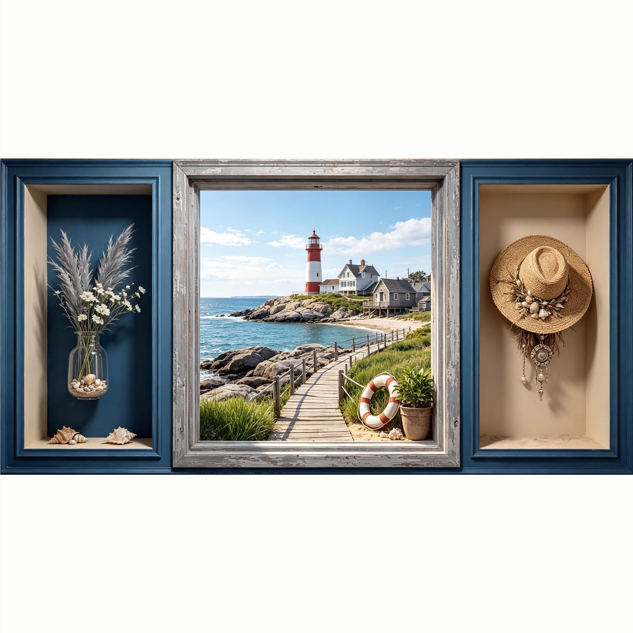 QZLITHOTIC 50x100cm 3D Framed Wall Art， Coastal Lighthouse Ocean Beach Landscape SelfAdhesive Mural， WaterActivated Peel & Stick Fabric Decor Wall Decal for Bedroom Living Room