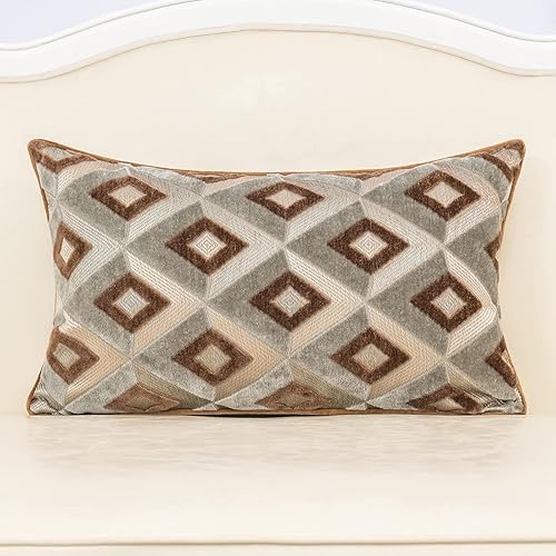 Alerfa Funda de cojín rectangular de terciopelo con bordado geométrico a cuadros, funda de cojín lumbar moderna de lujo para sofá, sala de estar,