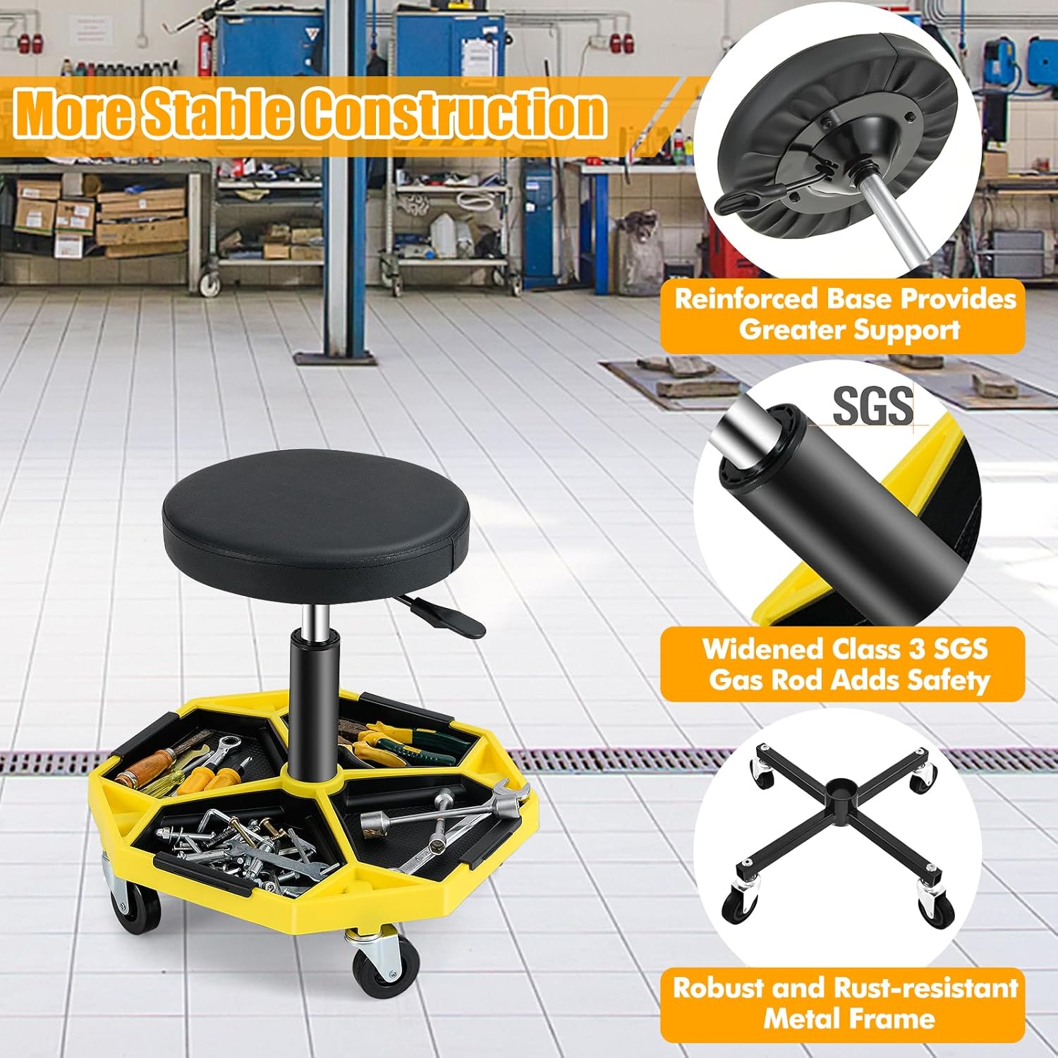 Adjustable Mechanic Rolling Stool, Pneumatic Rolling Stools with Wheels, Tool Storage Tray & Padded Seat Cushion, Garage Stool Chairs Creeper Seat (Yellow)