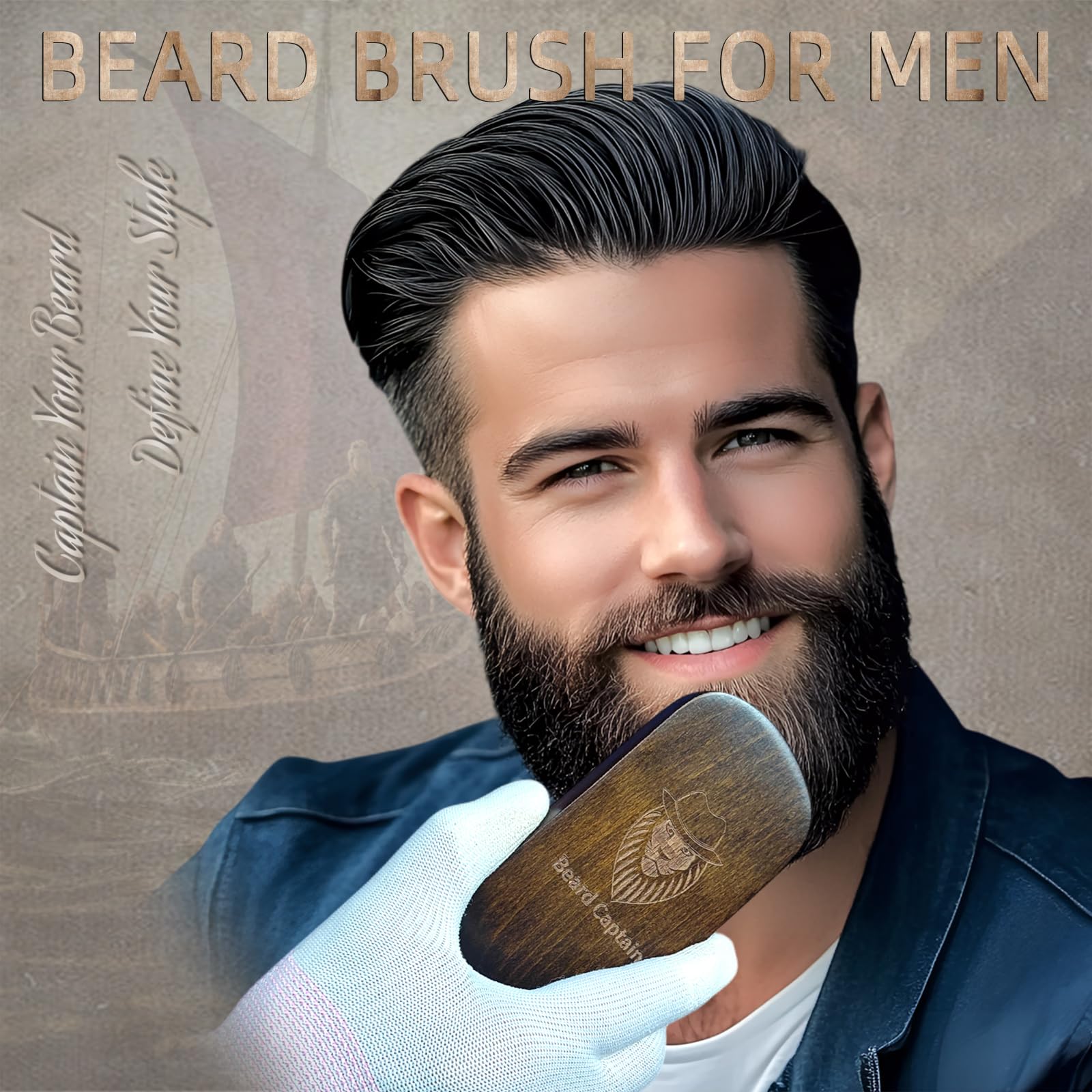 Cepillo de barba para aseo masculino, mango de madera rectangular retro con cerdas de jabalí 100% limpieza facial y bigote
