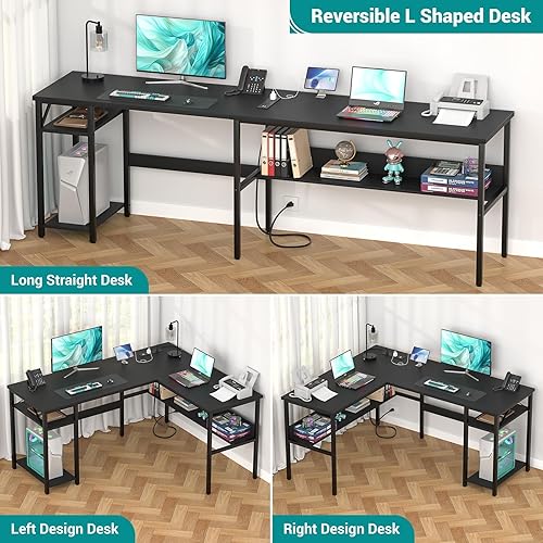 Miniatura 7 de Hyomdeck 55 Inch Computer Desk with Smart LED Light and Power Outlet, Reversible Office Desk with File Cabinet, Modern Sturdy Writing Table Gaming