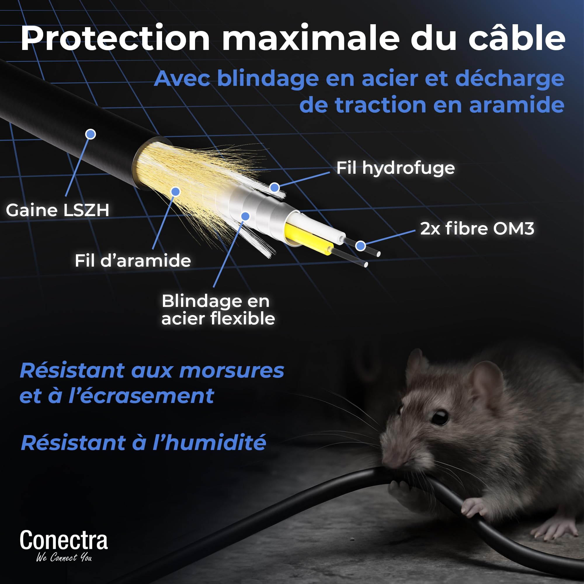 30m Câble Fibre Optique Blindé OM3 Duplex Breakout LC/UPC, Jarretière Optique Multimode 50/125, LSZH Intérieur/Extérieur, Rallonge Fibre Armée Cordon Patch Câblage Réseau ⌀3mm Noire