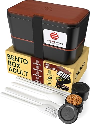 Umami Caja Bento prémium para adultos, diseño anestable que ahorra espacio con 4 utensilios, 2 tarros de salsa, 4 compartimentos, 100% a prueba de