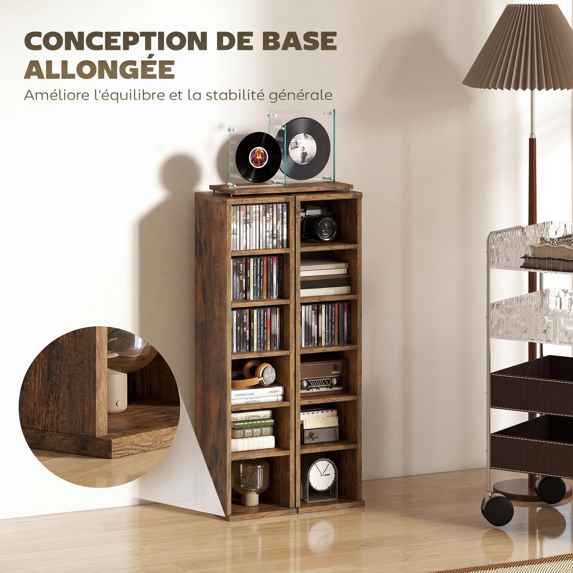HOMCOM Lot de 2 étagères colonnes Armoire de Rangement CD-DVD 6 + 6 Compartiments 21 x 22,5 x 88,5 cm capacité Max. 204 CD Brun Rustique