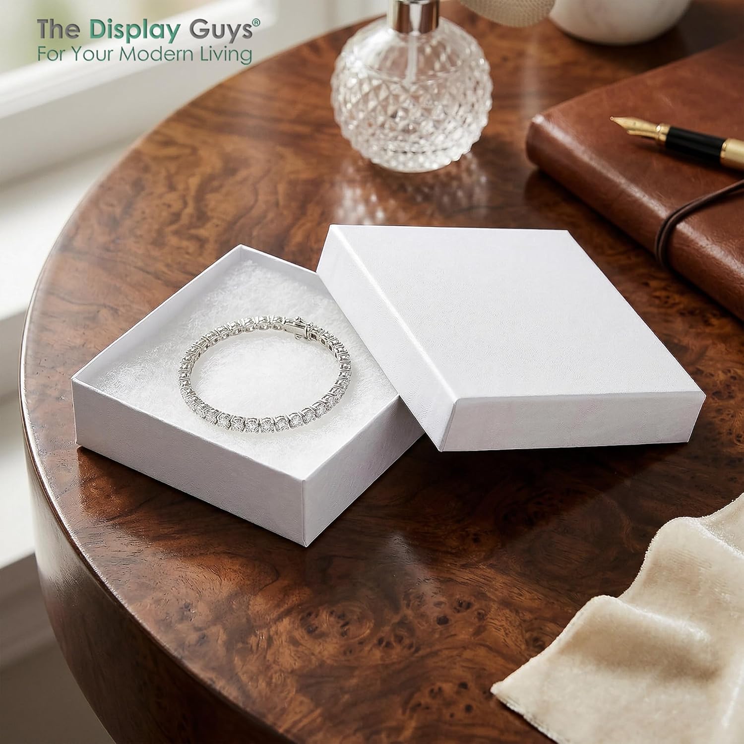 TheDisplayGuys - 100-Pack #33 Cotton Filled Cardboard Paper Jewelry Boxes Gift Case - White Swirl (3.5" x 3.5" x 1.0") - for Shipping or Storage