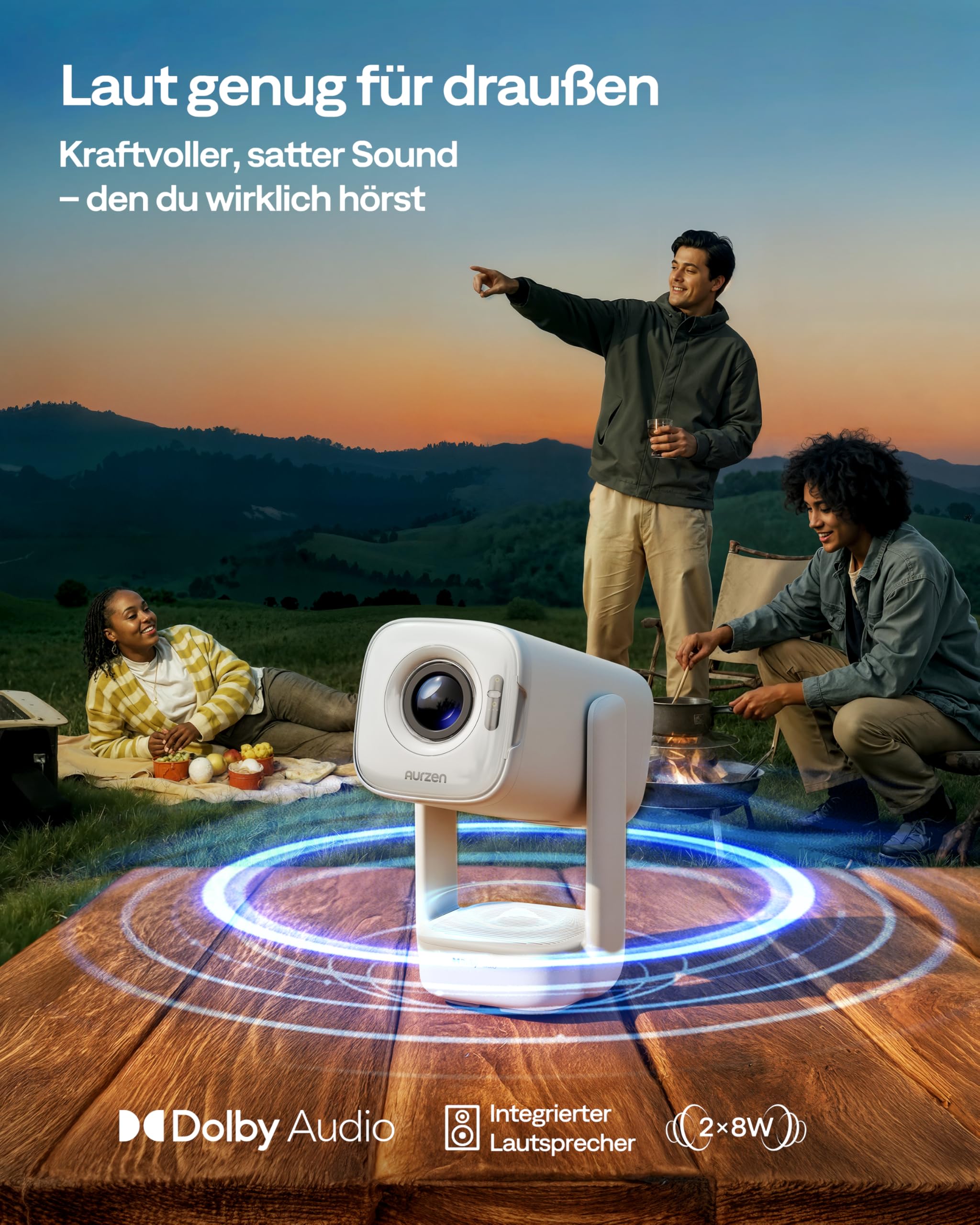 Aurzen D1 air Smart Beamer mit Netflix, 16W Dolby Audio, Beamer Outdoor 1080P mit HDR10 & 4K-Unterstützung, 180° Drehbar Mini Tragbarer Projektor mit USB-C PD, TOF-Autofokus, Trapezkorrektur, Weiß