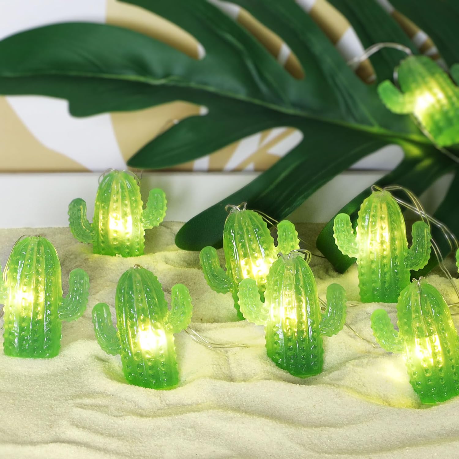 Tropical Themed String Lights Decoration, Cactus Succulents 10ft 20 LEDs Cacti Fairy