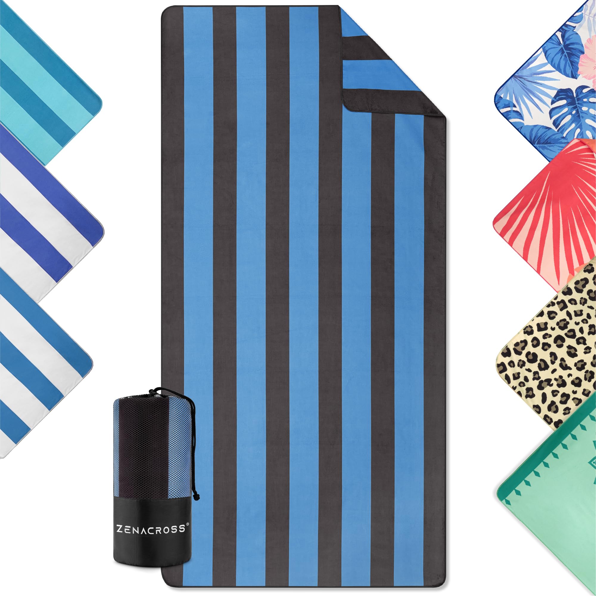 Zenacross - Telo Mare Microfibra - Asciugatura Rapida e Anti-Sabbia - Légère, fine et séchant rapidement - Asciugamano Grande Telo Mare XXL 90x180 cm - Nero e blu