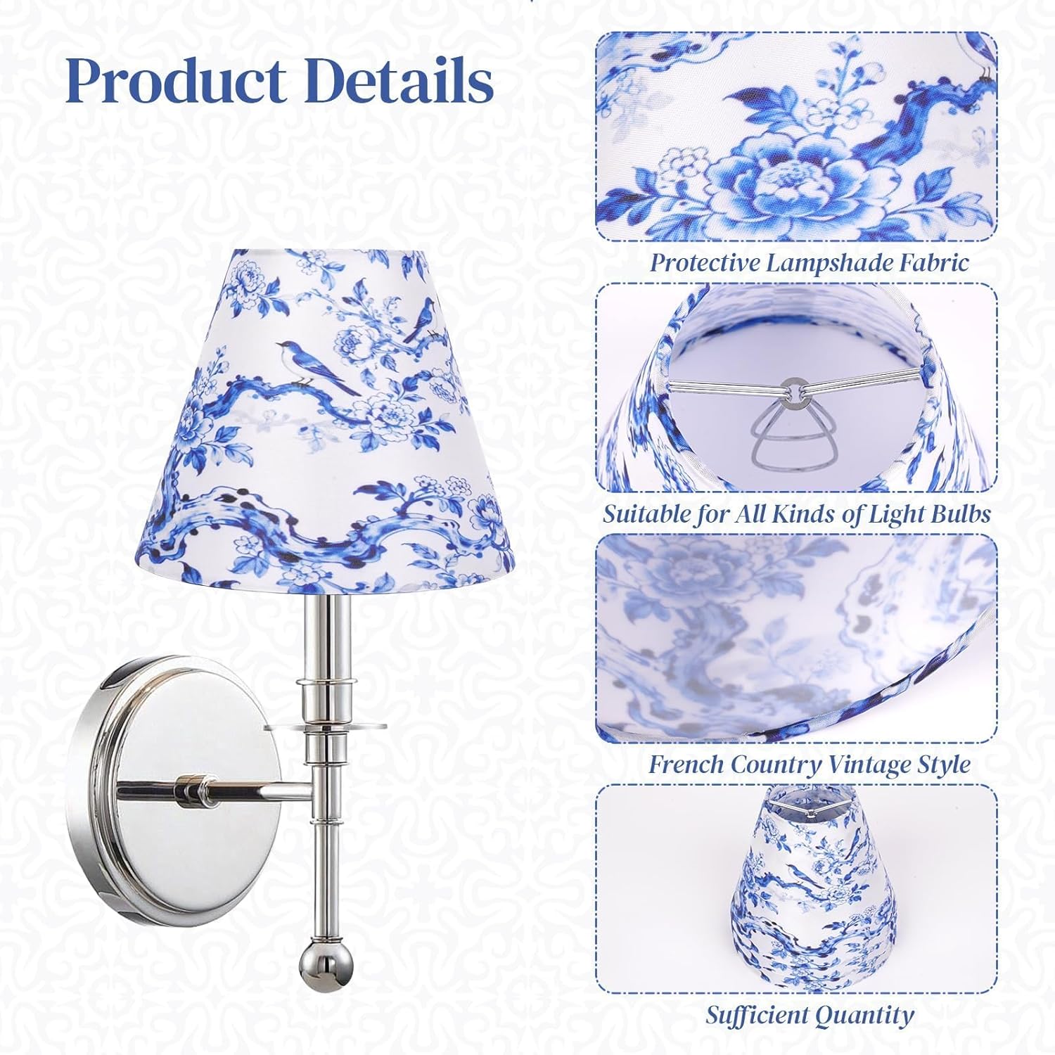 Chandelier Shades Set of 6, Small Chinoiserie Clip on Lamp Shade French Countryside Light Cover 3 X 6 X 5" Blue Lampshades