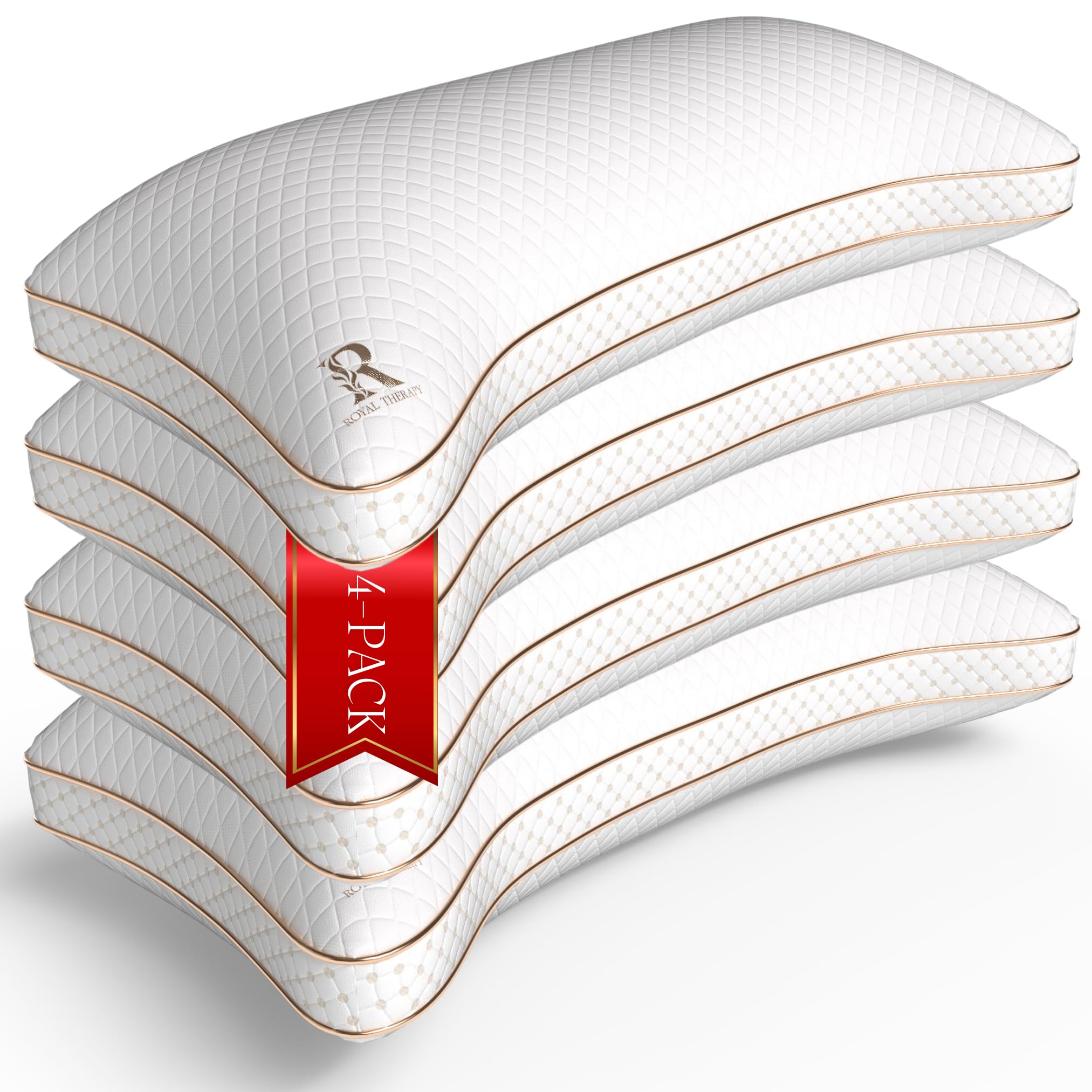 Royal Therapy King 4-Pack Memory Foam Pillow, Adjustable Shredded Odor-Free Cut-Out Bed Pillow for Neck &amp; Shoulder Pain Relief, Breathable Support for Back, Stomach, Side Sleepers, BioForm
