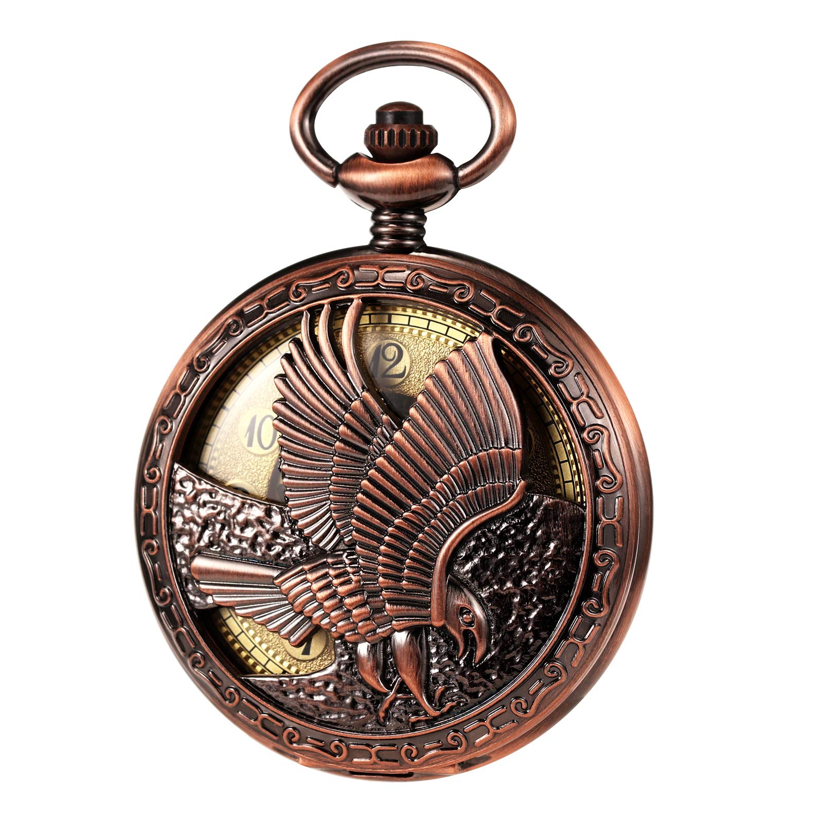 TREEWETOTREEWETO Mechanical Eagle Arabic Numerals Dial Skeleton Pocket Watch Watches with Gift Box and Chains for Mens Women