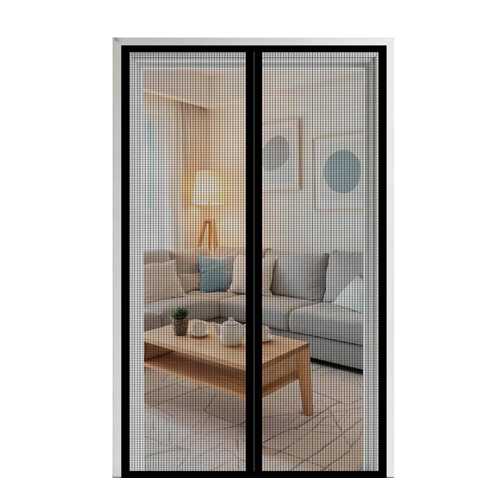 Screen Door 155 x 195 cm Self Sealing Powerful Magnets Magnetic Fly Screen Curtain with Powerful Magnets & Full Frame Magic Tape Suitable for Patio Doors Balcony Bedroom, Black