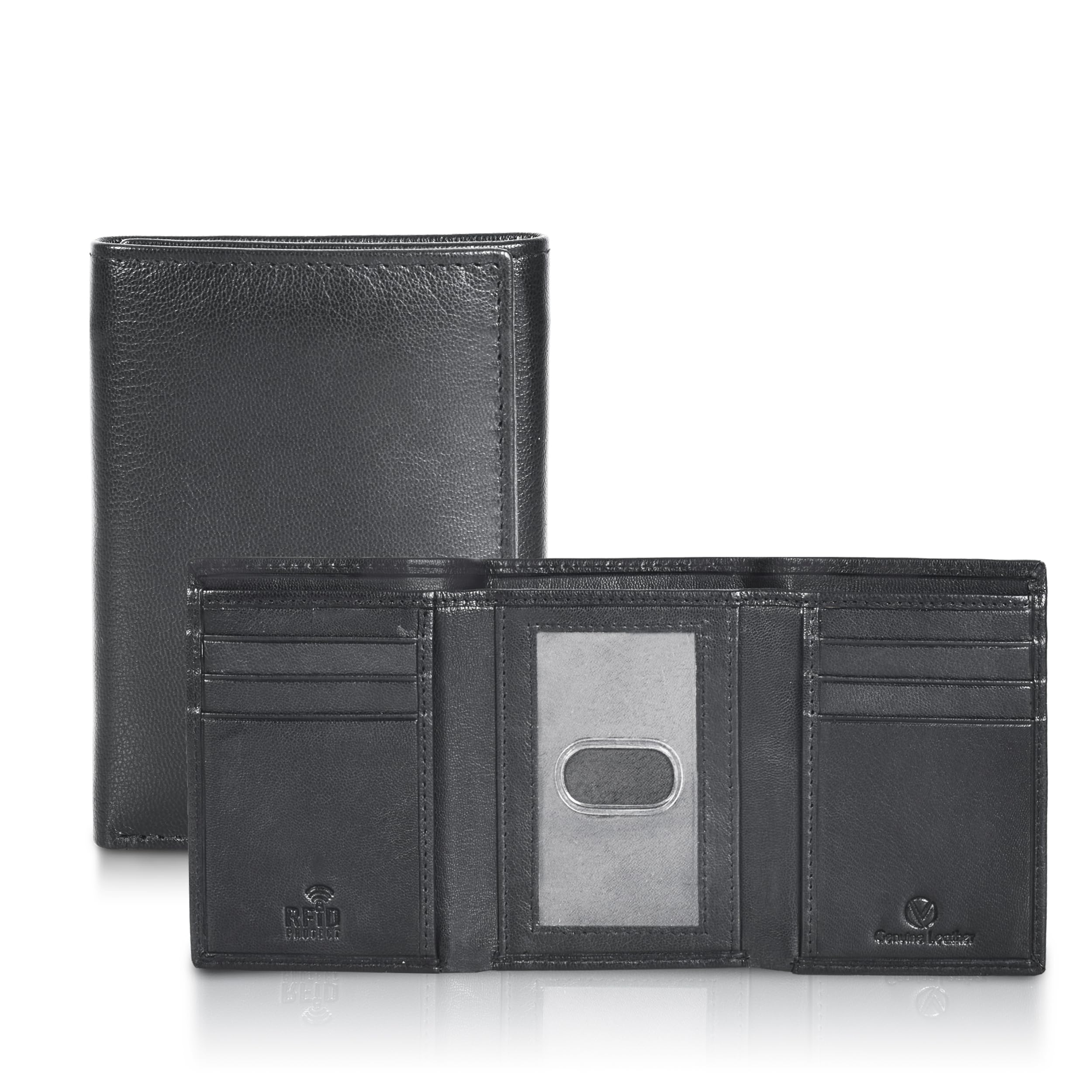 VALENCHI Genuine Real Leather Trifold Men's Wallet - With Card Holder Slots, ID Window and Currency Compartment, Black Nappa TF01, Real Leather Trifold Wallet
