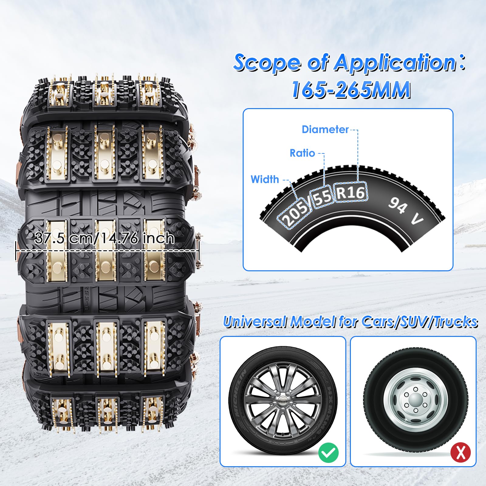 Catene da Neve Ninonly 8Pcz Catene Auto Universali Antiscivolo d’Emergenza per Auto Camion SUV Adatte a Pneumatici Larghezza 165mm - 265mm per Fango, Sabbia, Neve, Ghiaccio, Salita