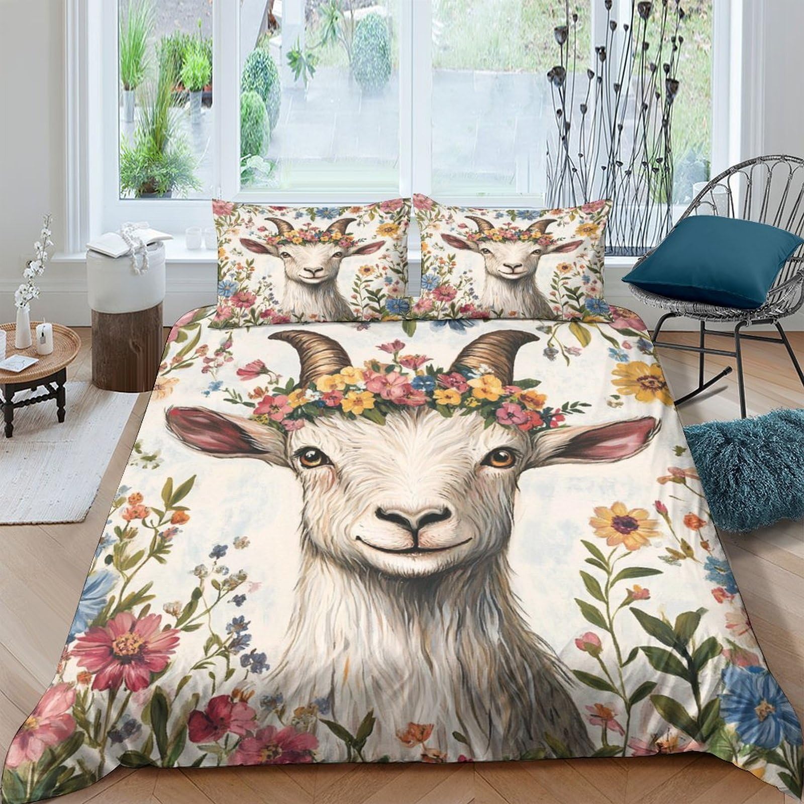 Ctjqhvkz Style-2 3D Printed Goat Floral Fitted Sheet Microfiber Anti-Slip Mattress Cover For Bedroom Dorm Decoration Easy Care Single（135X200cm）