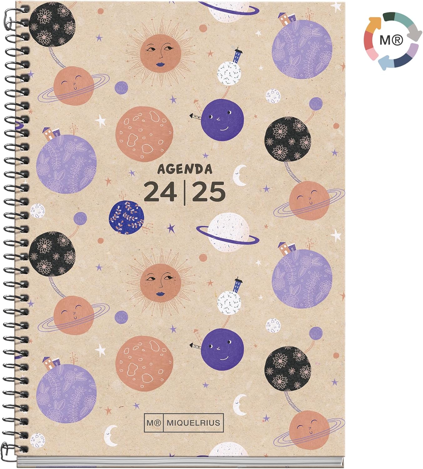Miquelrius - School Diary 2024-2025, September 2024 to June 2025, Size 117 x 174 mm, Weekly View, Recycled Cover, Spanish and English, Recycled Paper Diary, Eco Planets Design