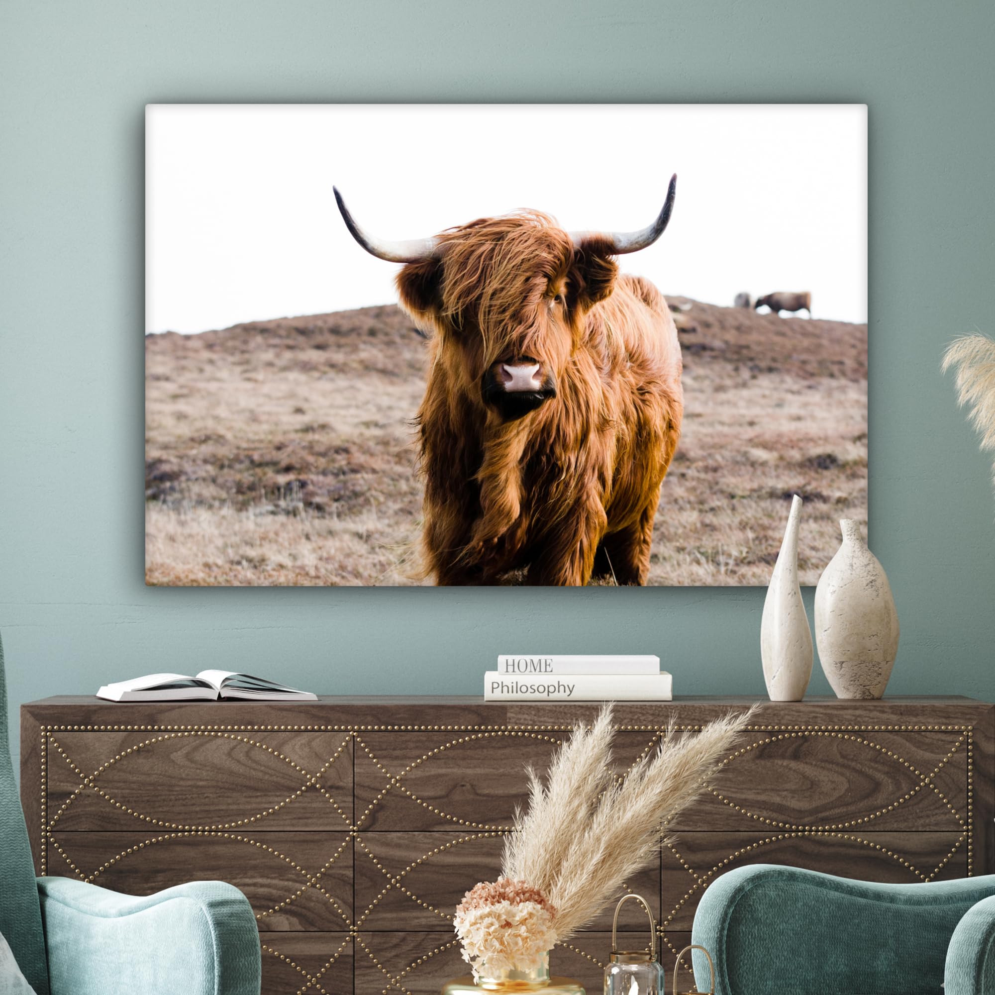 Quadro Moderno Su Tela 120x80cm - Mucca Highlander Scozzese Con Erba - Decorazione Per Soggiorno O Camera