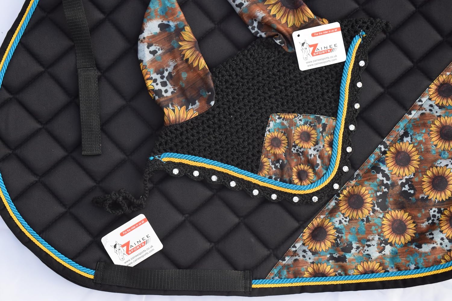 Cow Mix Sunflower Print Saddle Pad Set with Matching Ear Bonnet – Print Horse Riding Gear – Non-Slip & Breathable – Western/English Show