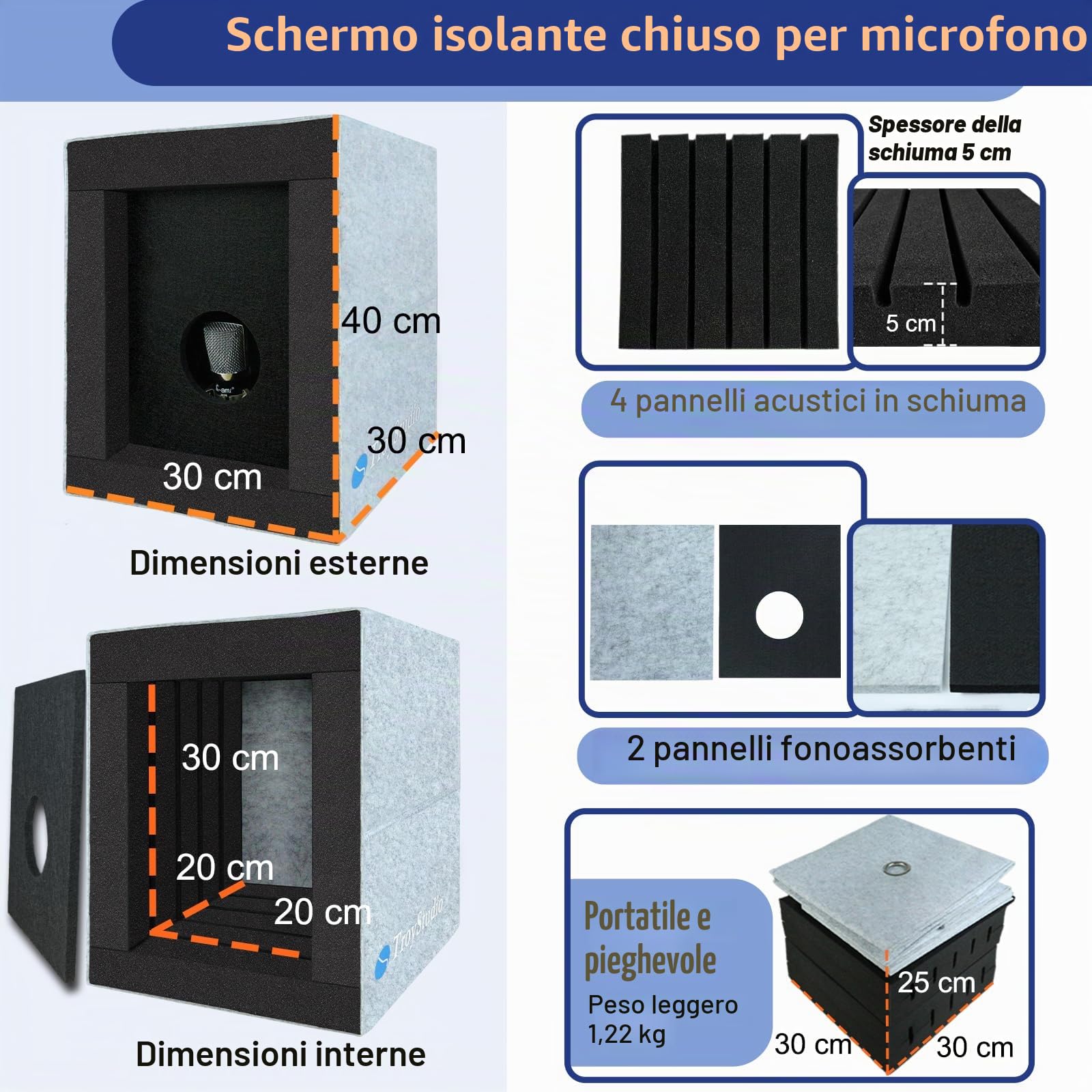 BXI Cabina vocale chiusa, scatola isolante per microfono portatile, filtro riflettente pieghevole con schiuma acustica e pannelli, registrazione audio box attrezzatura per studio domestico per podcast