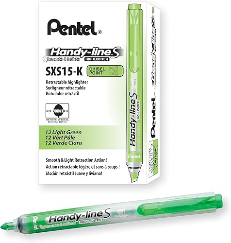Miniatura 1 de Pentel Handy-Line S - Resaltador retráctil y recargable de punta de cincel, tinta verde claro, caja de 12 (SXS15-K)