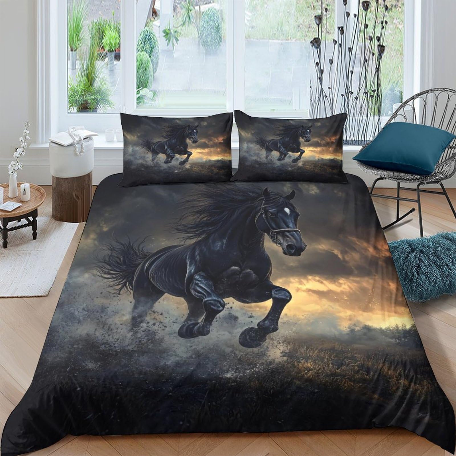 Ctjqhvkz Style-3 3D Printed Black Horse Fitted Sheet Microfiber Soft Mattress Cover Sunset Landscape Bed Decor For Bedroom Guest Room Single（135X200cm）