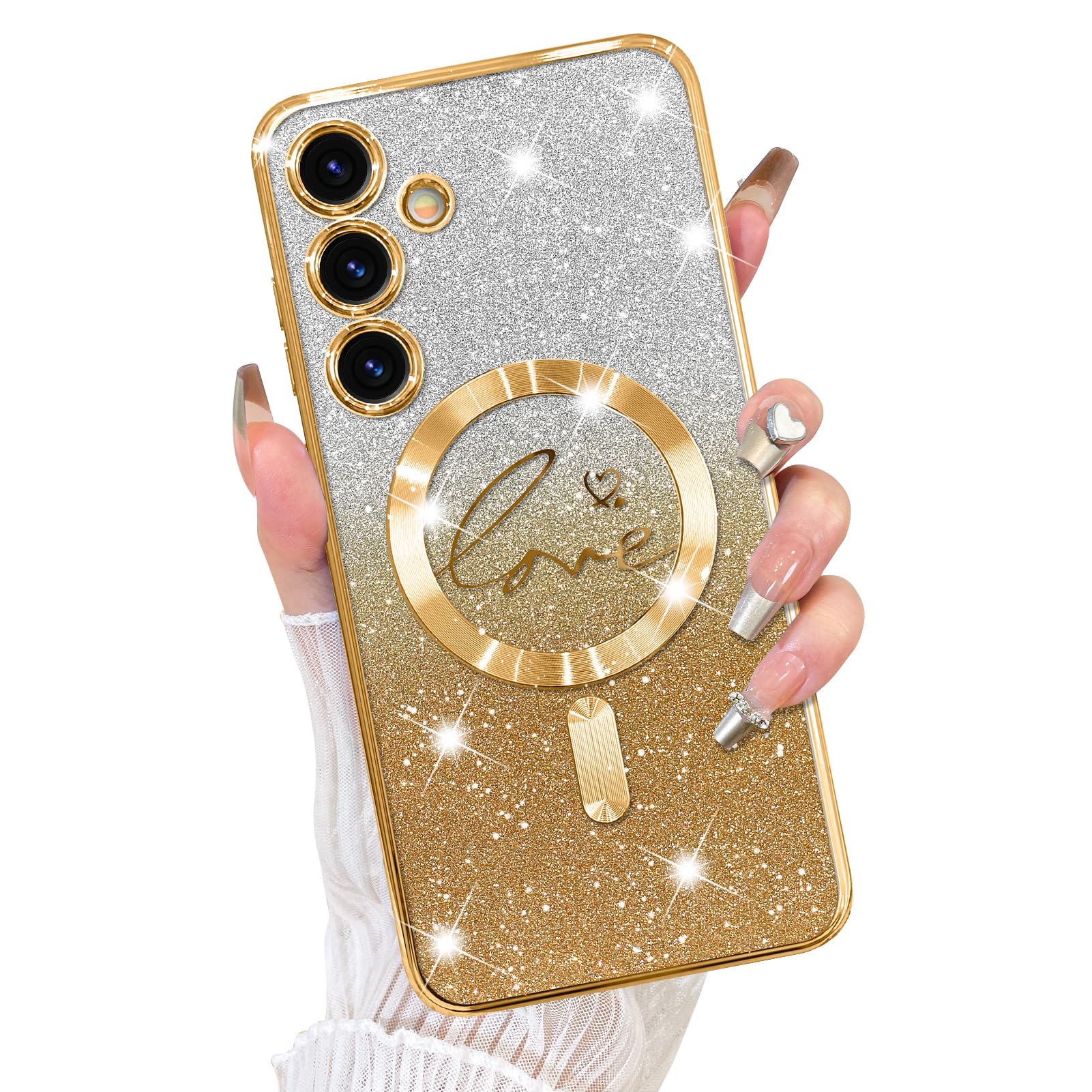 Fiyart Designed for Samsung Galaxy S23 Fe Case,Compatible with MagSafe Love Heart Plating Camera Protection Clear Magnetic Glitter for Women Girls