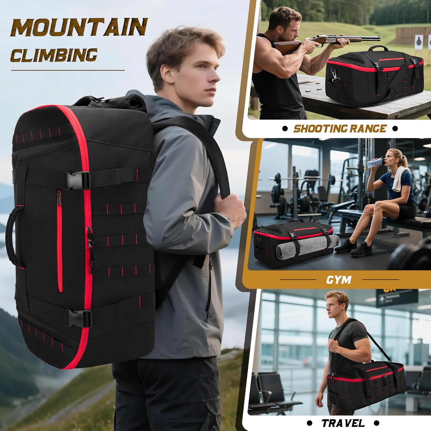 65L Tactical Duffle Bag Gym Bag with Backpack Straps, Wet Pocket and Detachable Dividers, Duffle Backpack for Travel, Sports and Military, Black - Image 6