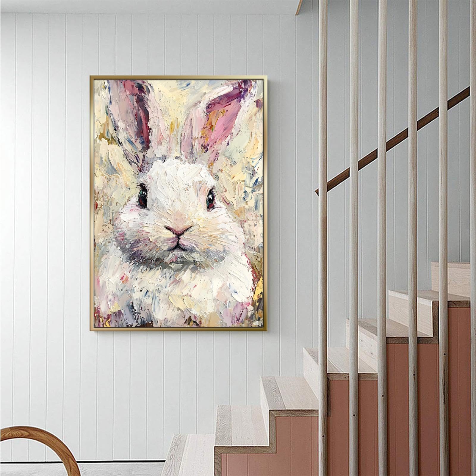 Via Vela Toile de lapin art mural impressionniste lapin impression moderne animal oeuvre mignon aquarelle affiche peinture pour salon chambre à coucher décor 60x90cm avec cadre doré