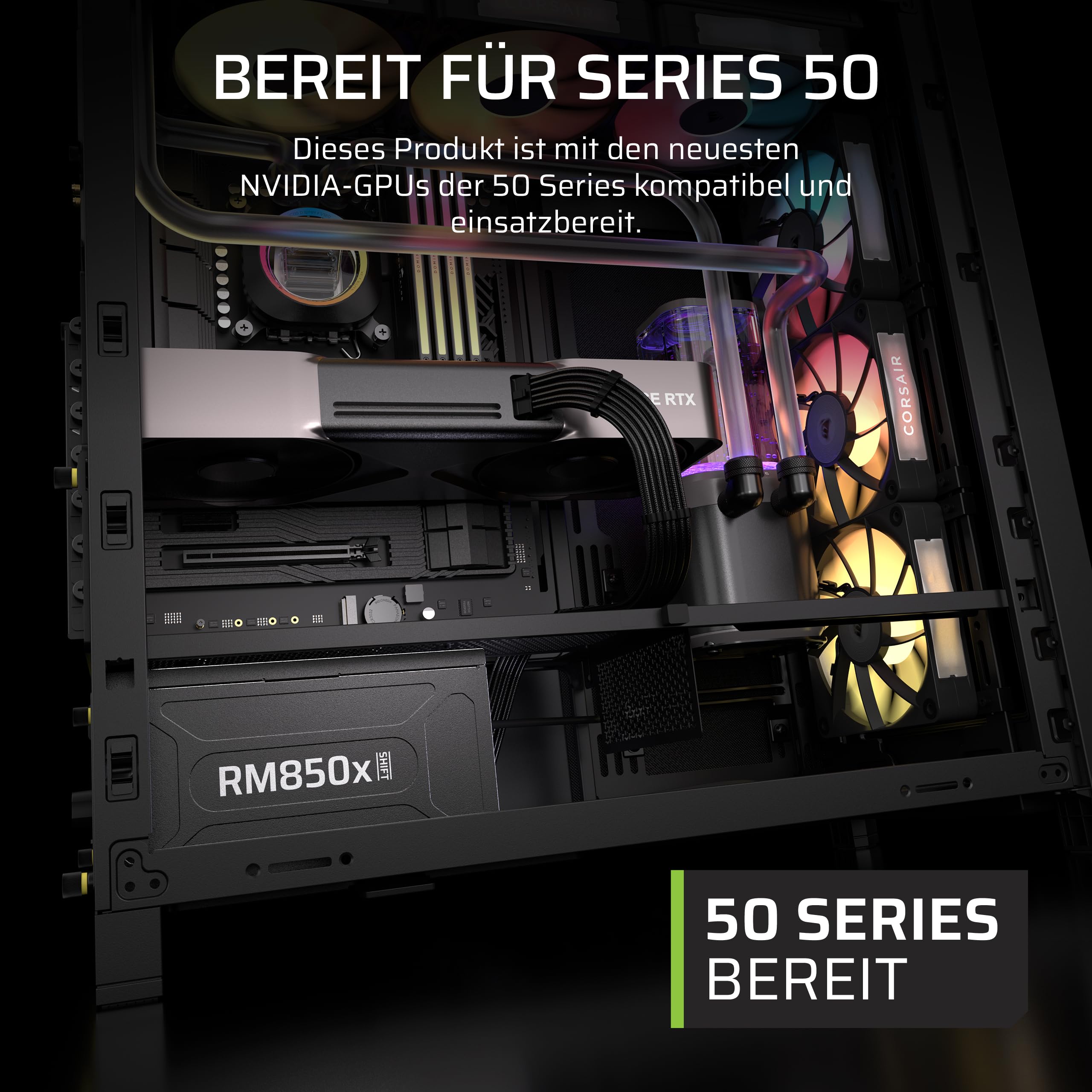CORSAIR RM850x Shift (2025) Vollmodulares ATX-Netzteil – Modulare Seitenschnittstelle, 12-V-2x6-Kabel, ATX 3.1 und PCIe 5.1, Lüftergeschwindigkeit, 105°C-Kondensatoren, Cybenetics Gold – Schwarz