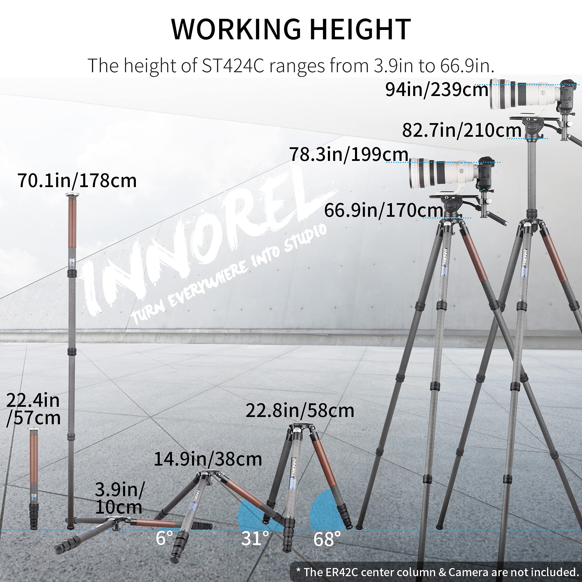Treppiede in fibra di carbonio INNOREL ST424C Supporto per fotocamera professionale per impieghi gravosi con adattatore per ciotola da 75 mm tubo da 42,4 mm Carico massimo 42 kg Altezza massima 170 cm