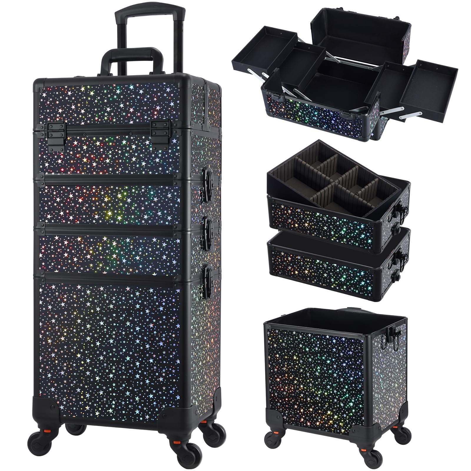 Stagiant Rolling Makeup Case Cosmetology Case on Wheels 4 in 1 Large Makeup Travel Case Nail Kits Organizer Train Case with Key Make Up Artist Salon Storage Traveling Cart Trunk Black Star