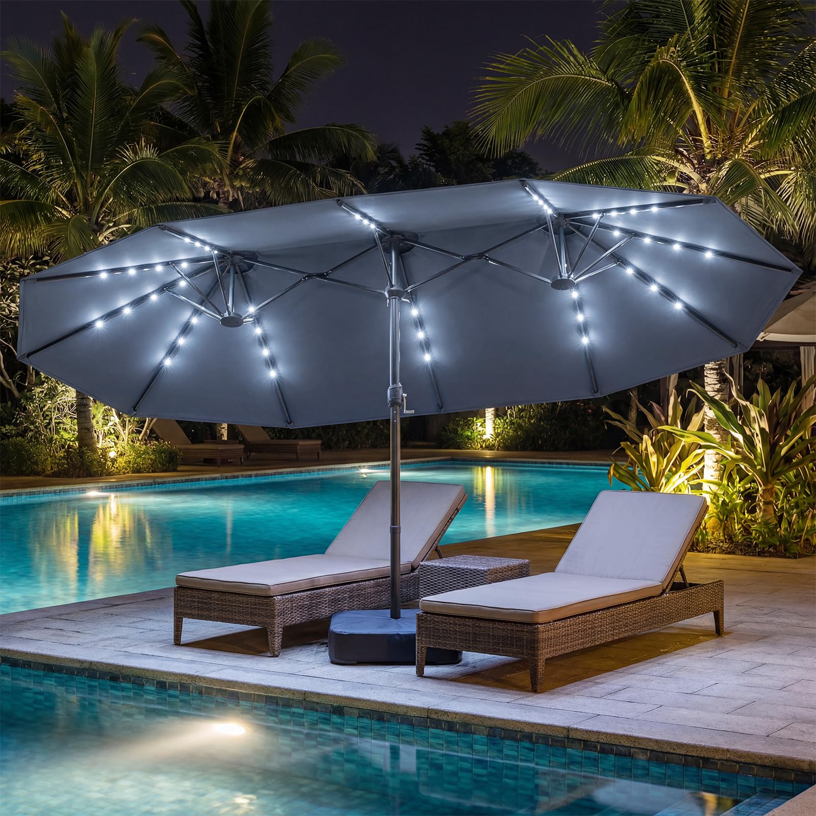 COSTWAY Doppelsonnenschirm mit Ständer und LED-Solar-Beleuchtung, 450 x 260 cm, Sonnenschirm Groß XXL, UPF 50+, Gartenschirm mit Kurbel, Terrassenschirm, Marktschirm für Garten, Terrasse, Grau