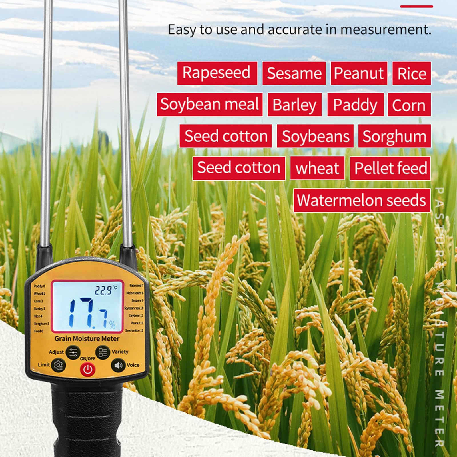 Misuratore di umidità del grano, doppia sonda ad alta precisione con retroilluminazione LCD, promemoria vocali, deviazione correggibile per misurare riso, fagioli, arachidi, soia, 14 grani