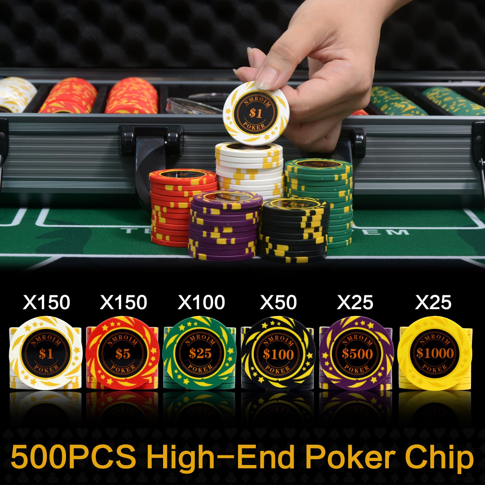 Juego de fichas de póquer de arcilla de 13,5 gramos, fichas de casino Texas Hold'em, 2 barajas de cartas, botones de distribuidor de caja de aluminio, para juegos de póquer de blackjack (500
