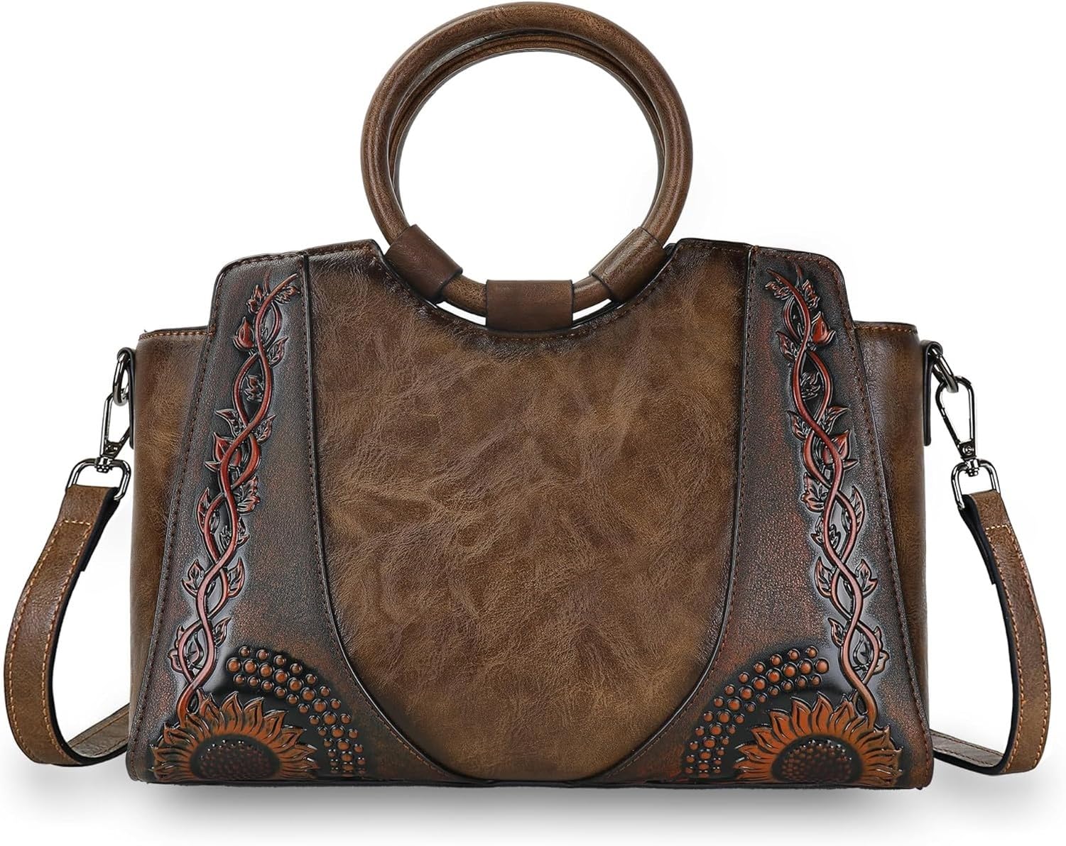 KGAIXN Vintage Leather Satchel Crossbody Handbag for Women Top Handle Hobo Shoulder Bag Purse Medium Tote, Coffee