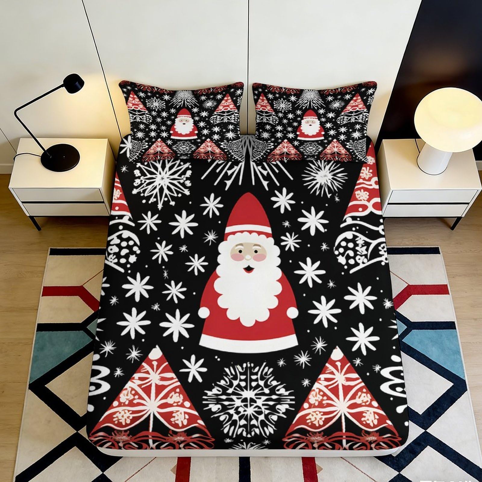 Jqzkxnhpbr Style-9 3D Printed Christmas Santa Fitted Sheet Microfiber Red Snowflake Tree Bed Cover For Bedroom Guest Room Dorm Decor 90X200x25cm