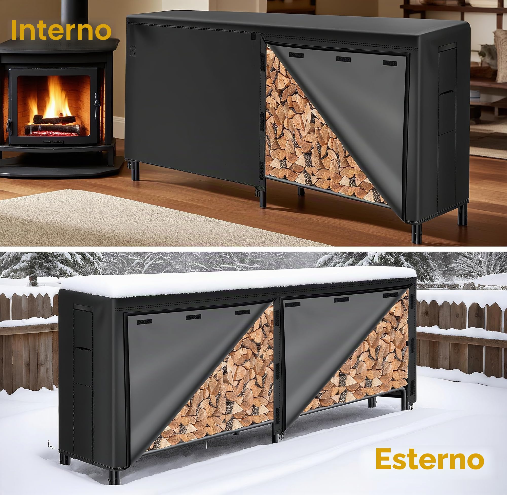 Amagabeli 244cmx122cmx35,6cm Portalegna da esterno da con coperchio Set combinato Legnaia da esterno impermeabile per camino Portalegna da ardere Accessori per attrezzi impilatori di legno Nero